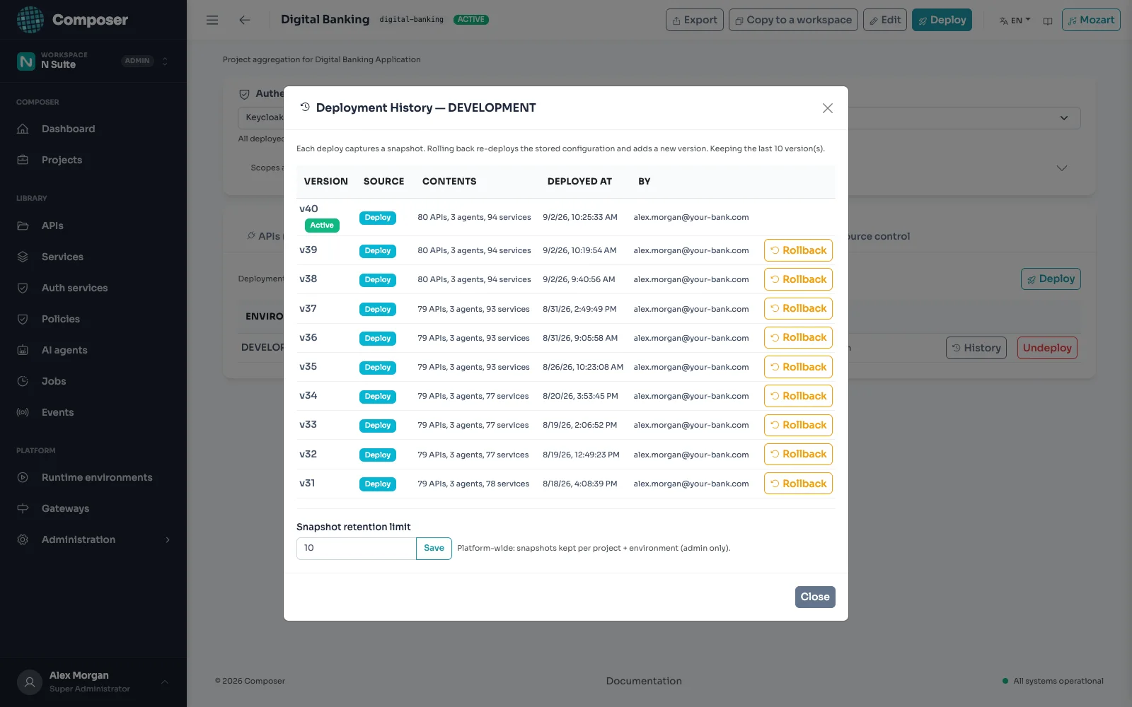 Composer deployment history
